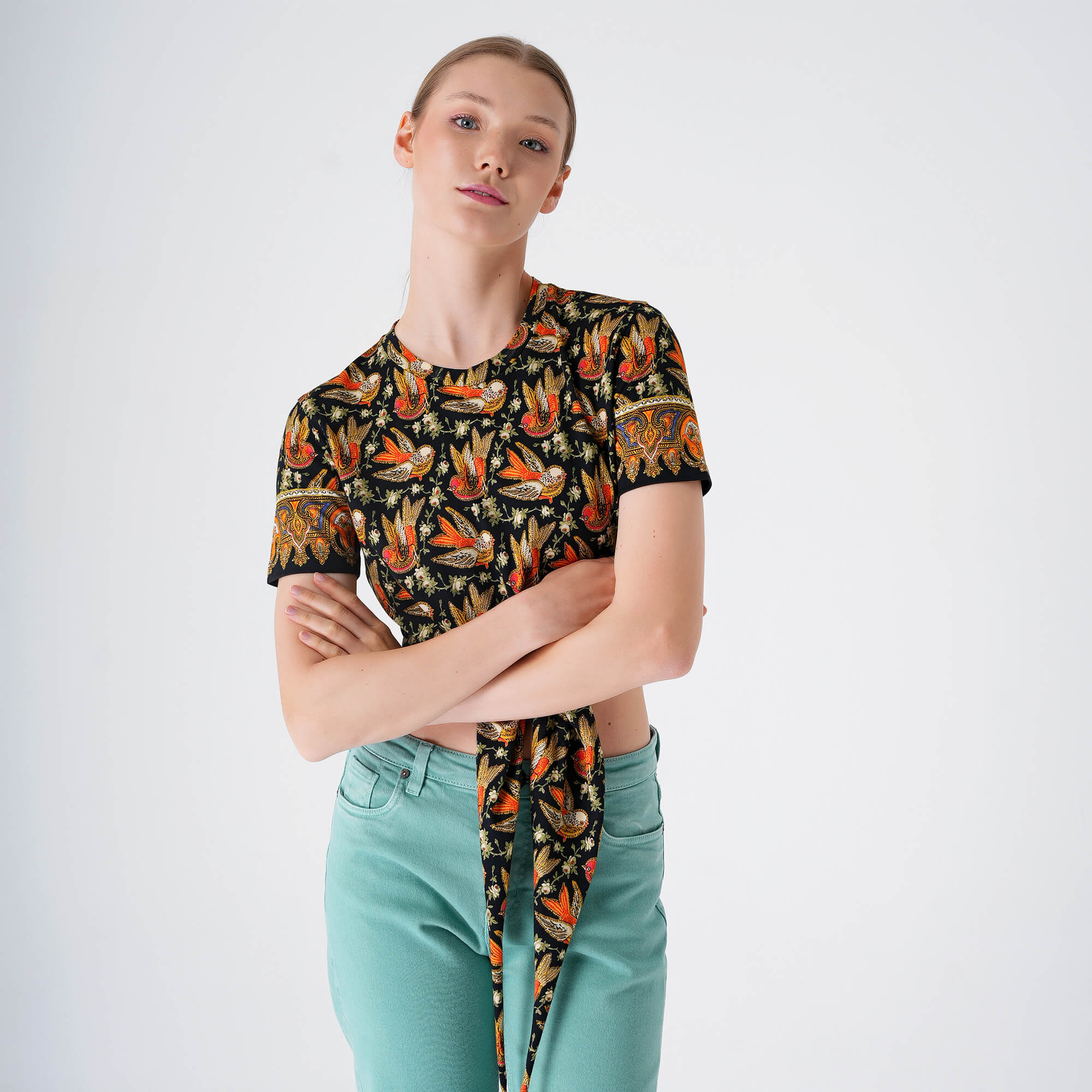 Etro - Black Floral Birds Print Crop T-shirt